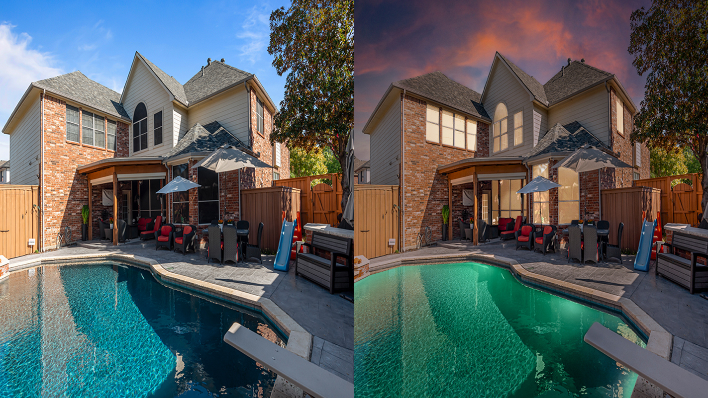 Day to night real estate photo editing, Virtual twilight service, Real estate HDR photo editing services, Property photo enhancement.